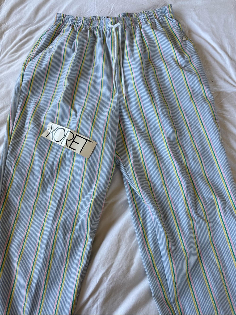 Koret Womens Light Blue Striped Pants with Rainbow Accents